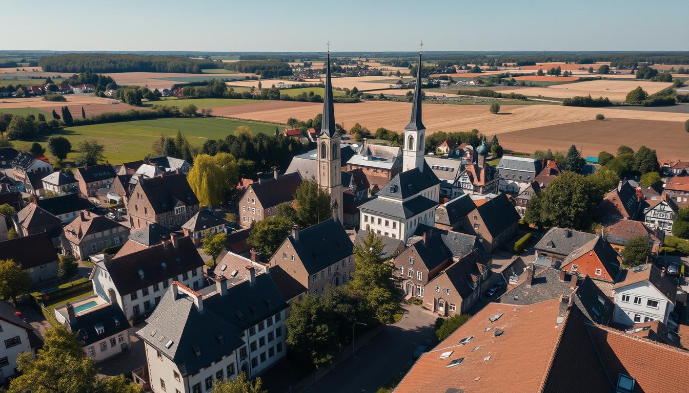 Aerial view of Grossenhain, Germany showing the town center with historic buildings and surrounding countryside