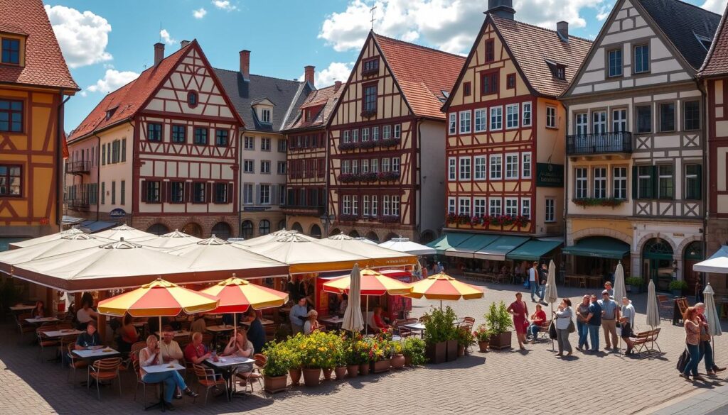 Detmold's historic market square during summer with outdoor cafes in Detmold, Germany Detmold's historic market square during summer with outdoor cafes in Detmold, Germany
