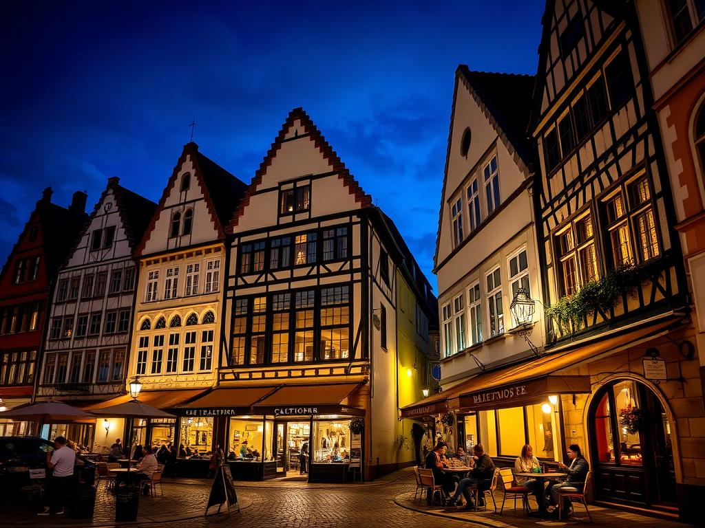 Evening scene in Bielefeld's Altstadt with illuminated buildings and outdoor cafes Evening scene in Bielefeld's Altstadt with illuminated buildings and outdoor cafes