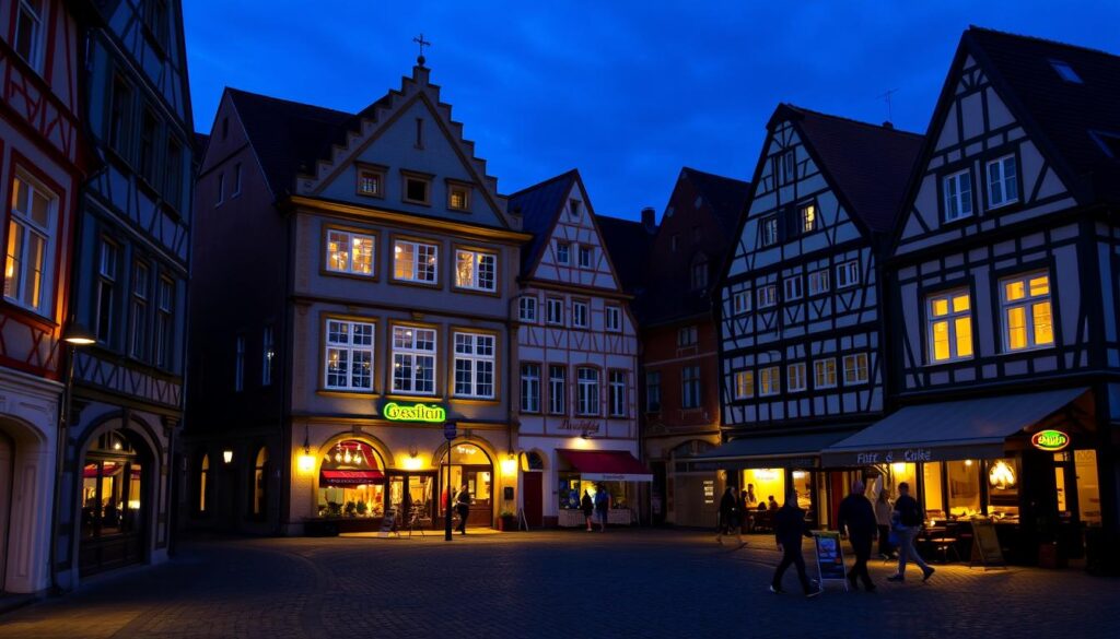 Evening scene in Grossenhain's town center with illuminated historic buildings Evening scene in Grossenhain's town center with illuminated historic buildings