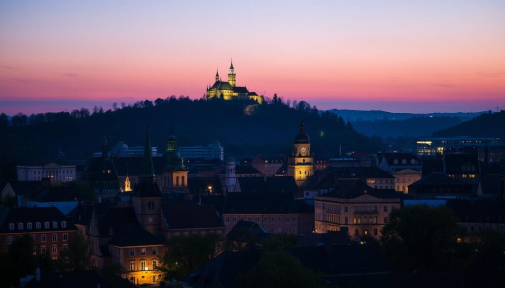 Evening view of Bielefeld, Germany with city lights and Sparrenburg Castle illuminated Evening view of Bielefeld, Germany with city lights and Sparrenburg Castle illuminated