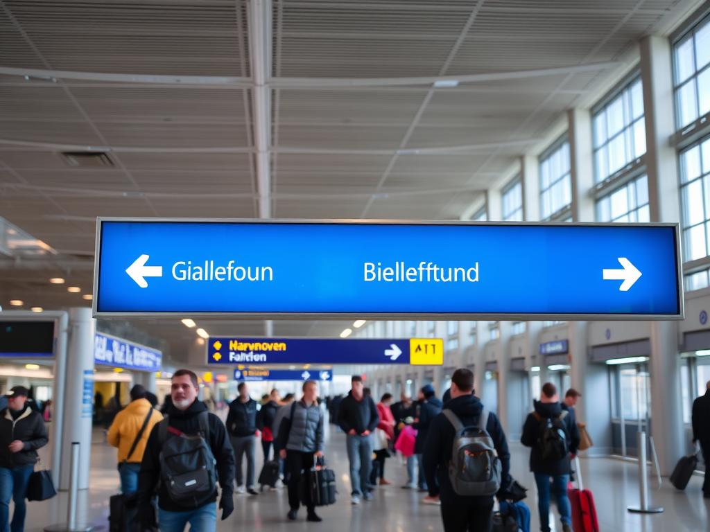 Hannover Airport terminal with connection signs to Bielefeld Hannover Airport terminal with connection signs to Bielefeld