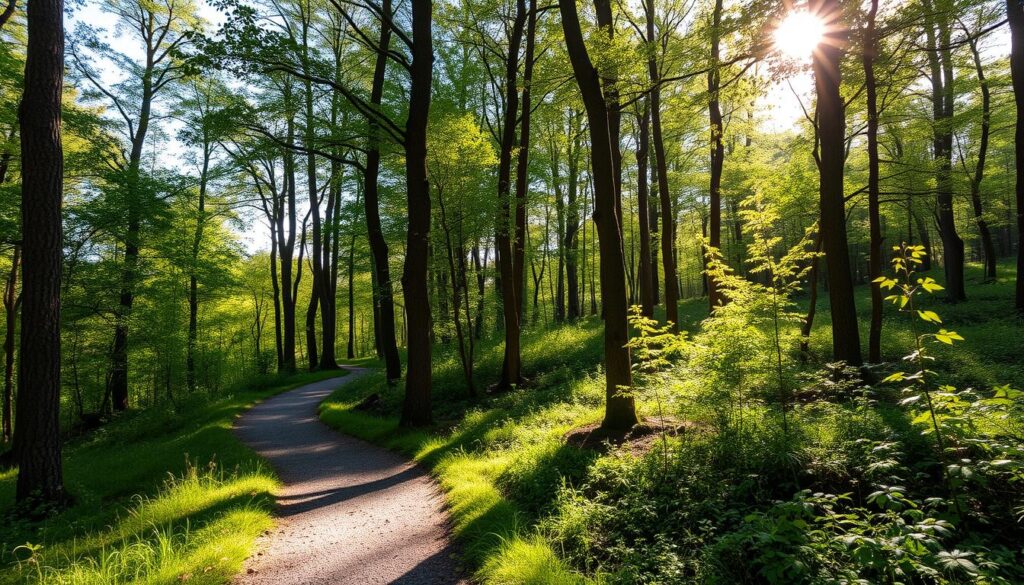 Hiking trail through Klüt forest with sunlight filtering through trees Hiking trail through Klüt forest with sunlight filtering through trees