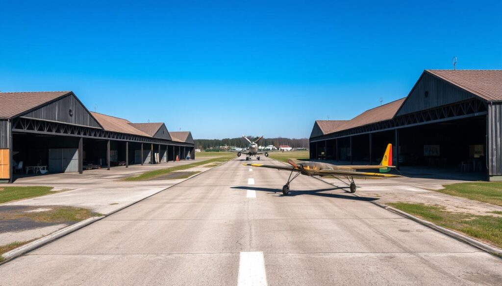 Historic Grossenhain Airfield with vintage aircraft and hangars Historic Grossenhain Airfield with vintage aircraft and hangars