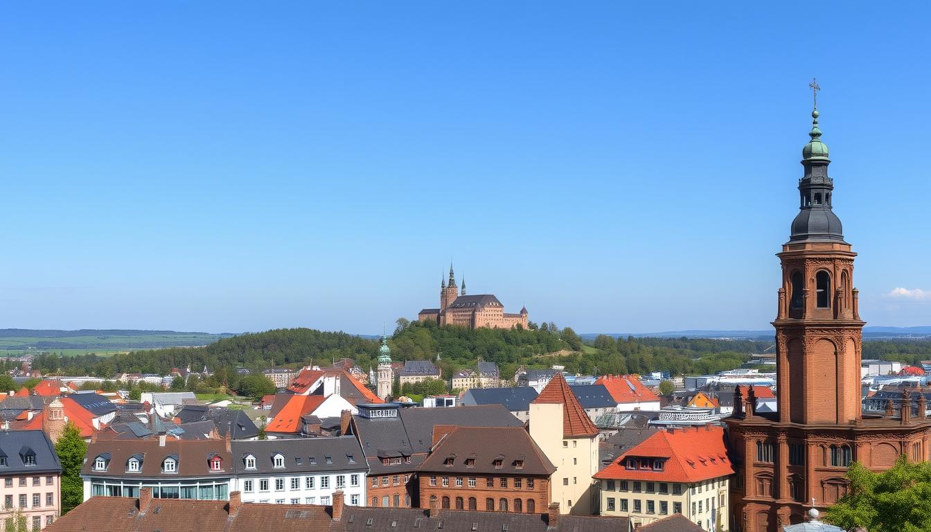 Panoramic view of Bielefeld, Germany showing the city center with Sparrenburg Castle visible on the hill