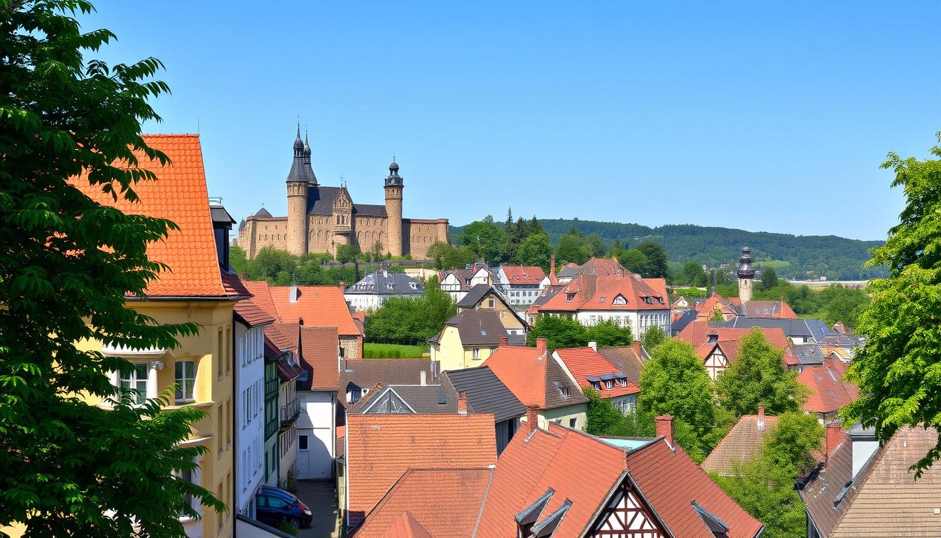 Panoramic view of Detmold, Germany with historic buildings and Teutoburg Forest in the background