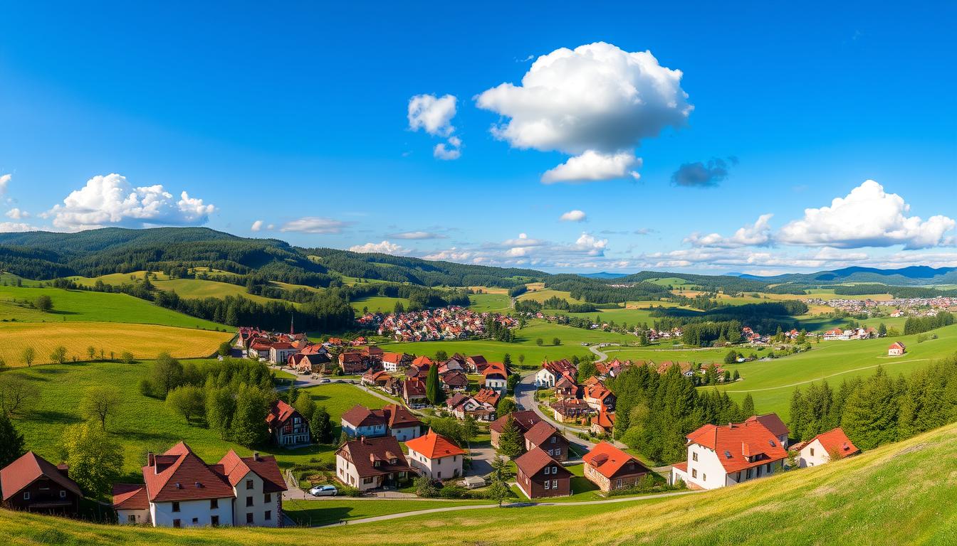 Panoramic view of Rollshausen, Germany showing the village nestled in the green countryside of Lower Saxony
