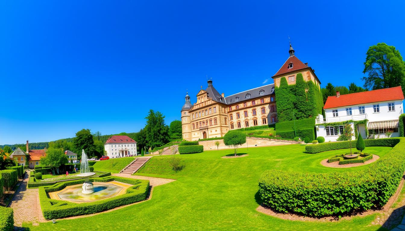 Panoramic view of Zabeltitz, Germany with the Baroque palace and gardens