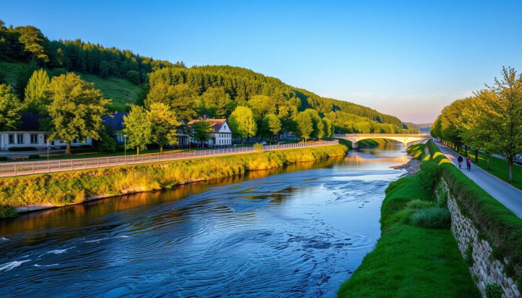 River Röder flowing through Grossenhain with walking paths and greenery River Röder flowing through Grossenhain with walking paths and greenery