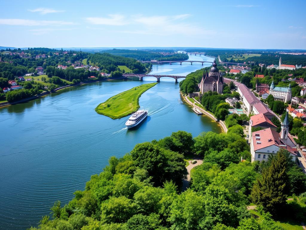 Scenic view of the Weser River with cruise boats Scenic view of the Weser River with cruise boats