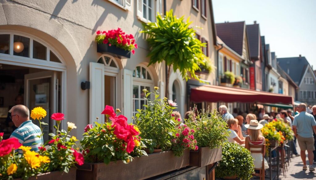 Summer scene in Grossenhain with outdoor cafes and flowering plants Summer scene in Grossenhain with outdoor cafes and flowering plants