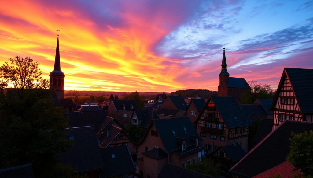 Sunset view over Detmold's old town with half-timbered houses in Detmold, Germany Sunset view over Detmold's old town with half-timbered houses in Detmold, Germany