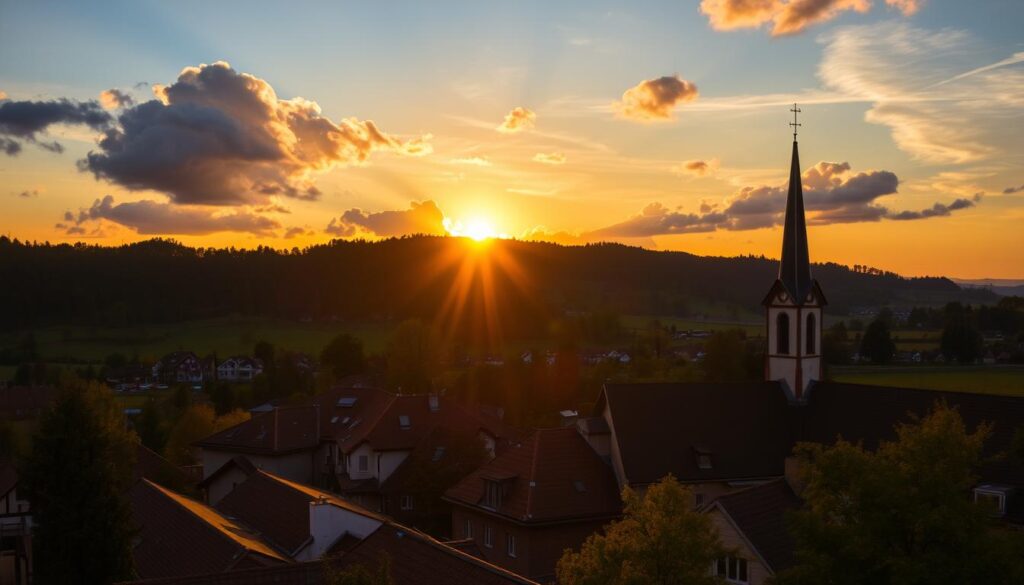 Sunset view over Rollshausen, Germany showing the village nestled in the countryside Sunset view over Rollshausen, Germany showing the village nestled in the countryside