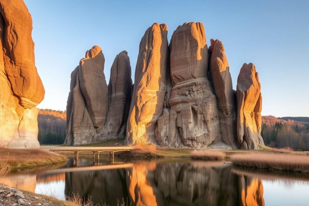 The mystical Externsteine rock formation near Detmold, Germany The mystical Externsteine rock formation near Detmold, Germany