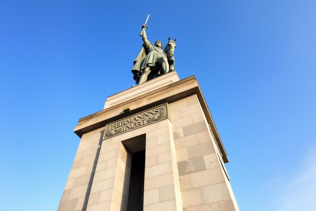 The towering Hermannsdenkmal monument in Detmold, Germany against blue sky The towering Hermannsdenkmal monument in Detmold, Germany against blue sky