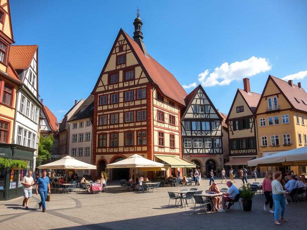 Town Hall and Market Square in Grossenhain, Germany with outdoor cafes and local residents Town Hall and Market Square in Grossenhain, Germany with outdoor cafes and local residents