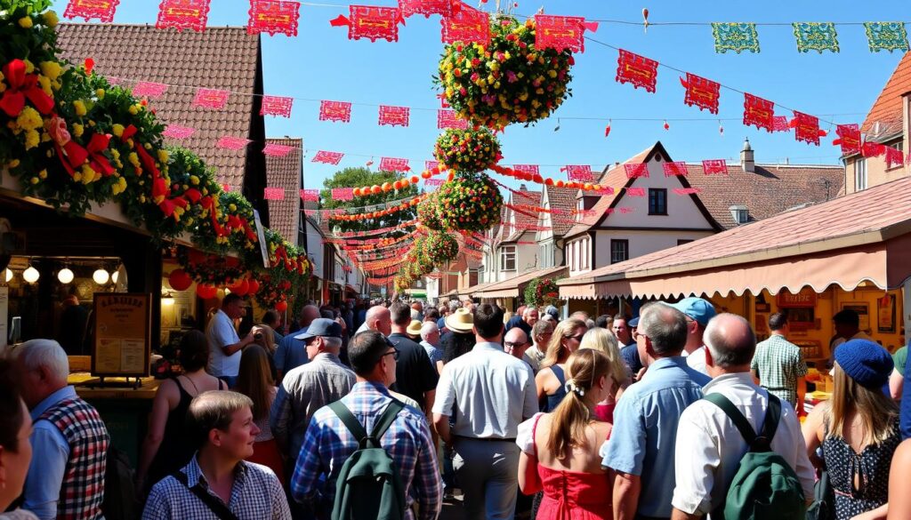 Traditional Leinewebermarkt festival in Bielefeld with crowds and decorations Traditional Leinewebermarkt festival in Bielefeld with crowds and decorations