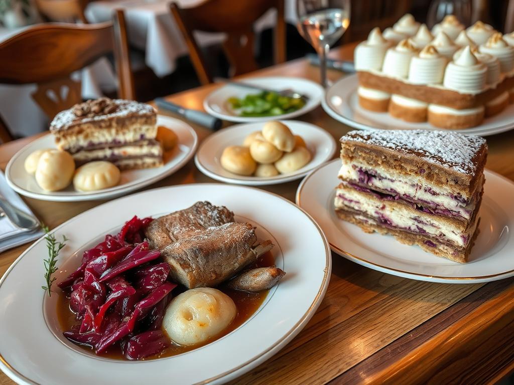 Traditional Saxon cuisine from Grossenhain including Sauerbraten and Eierschecke Traditional Saxon cuisine from Grossenhain including Sauerbraten and Eierschecke