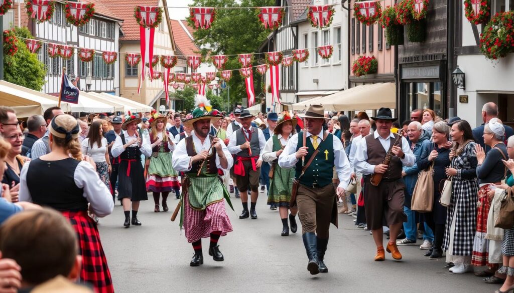 Traditional Schützenfest celebration in Grossenhain with people in traditional costumes Traditional Schützenfest celebration in Grossenhain with people in traditional costumes