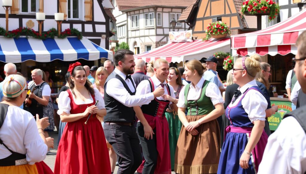 Traditional festival celebration in Rollshausen, Germany with locals in traditional costumes Traditional festival celebration in Rollshausen, Germany with locals in traditional costumes