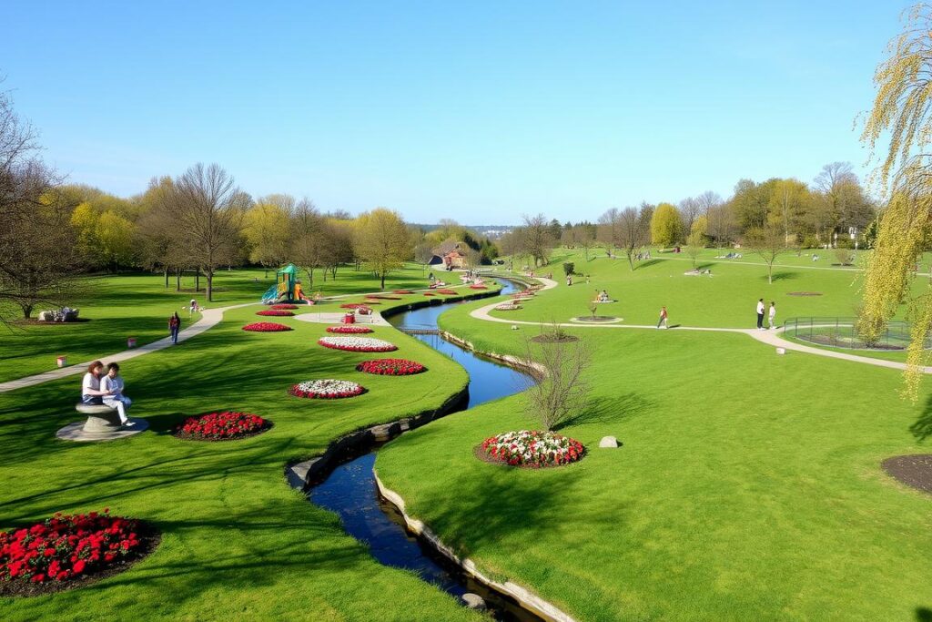 Hederauenpark in Salzkotten, Germany mit grünen Wiesen und Fluss Hederauenpark in Salzkotten, Germany mit grünen Wiesen und Fluss