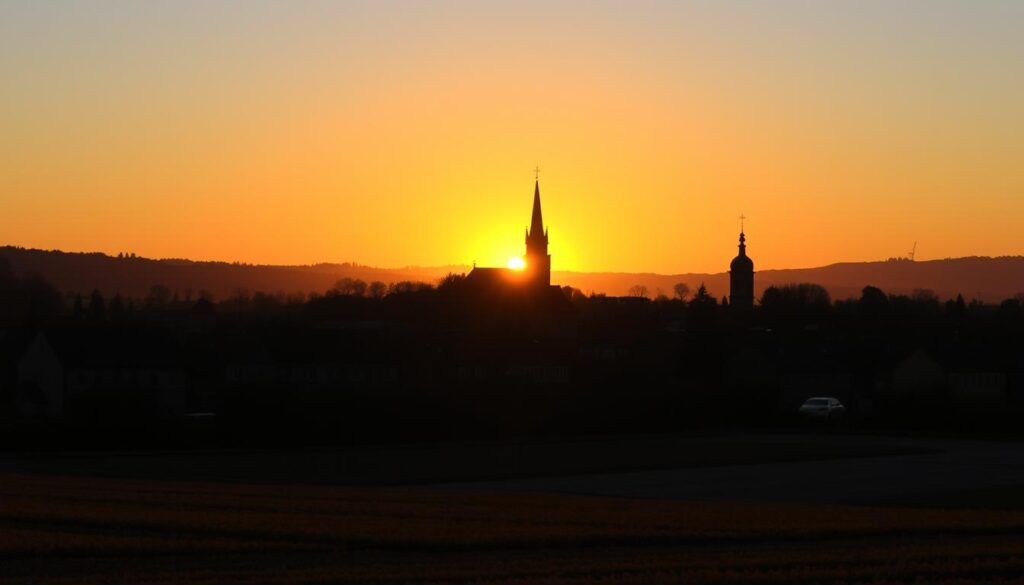 Sonnenuntergang über der Stadtsilhouette von Salzkotten, Germany Sonnenuntergang über der Stadtsilhouette von Salzkotten, Germany