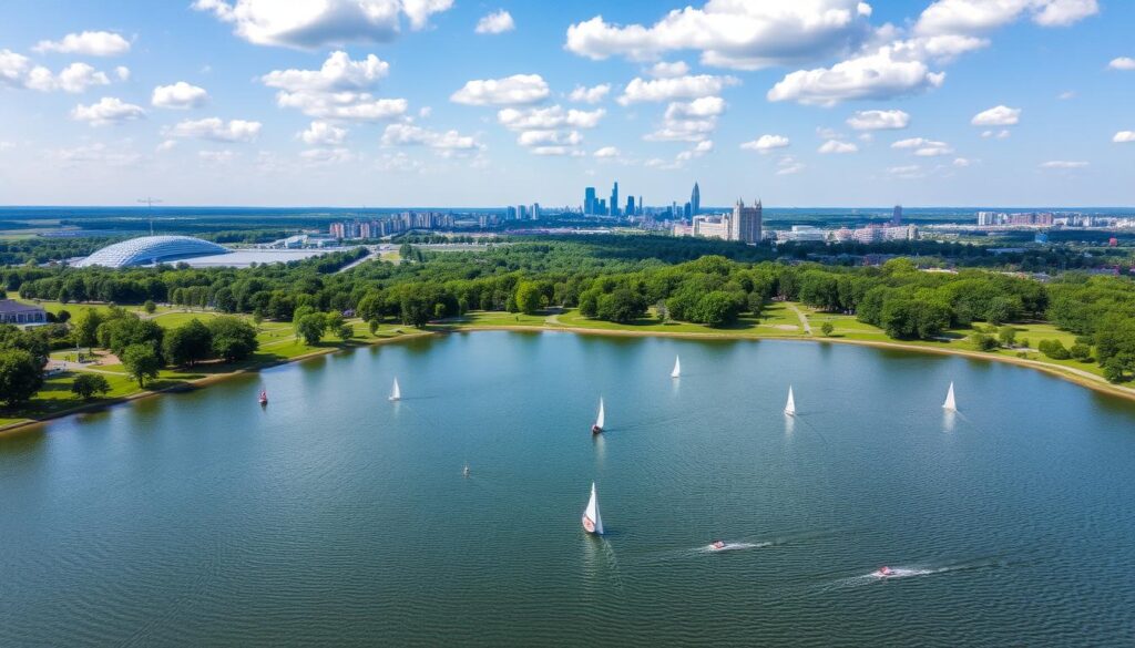 Aerial view of Maschsee Lake in Hannover with modern skyline in the background Aerial view of Maschsee Lake in Hannover with modern skyline in the background