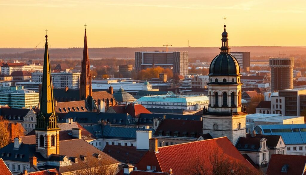 Panoramic view of Hannover showing the blend of historical buildings and modern architecture Panoramic view of Hannover showing the blend of historical buildings and modern architecture