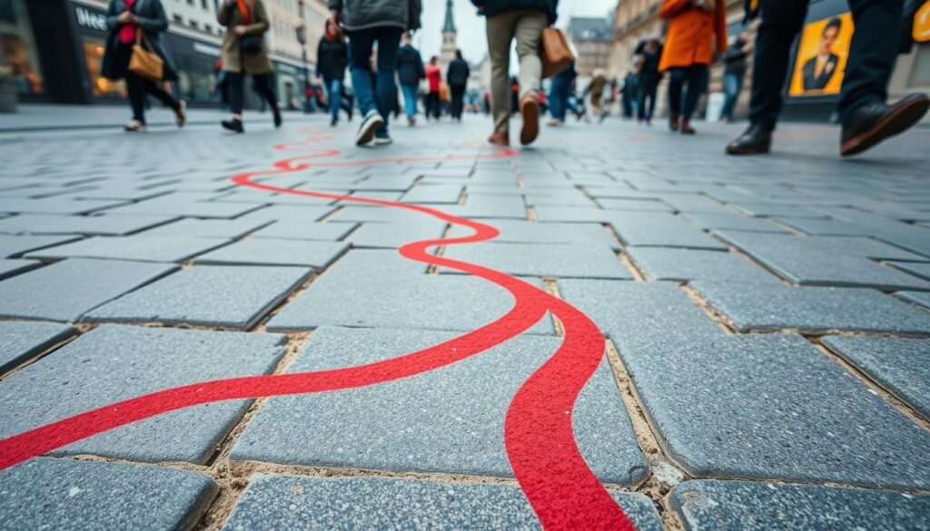 The Red Thread painted line guiding tourists through Hannover's attractions The Red Thread painted line guiding tourists through Hannover's attractions