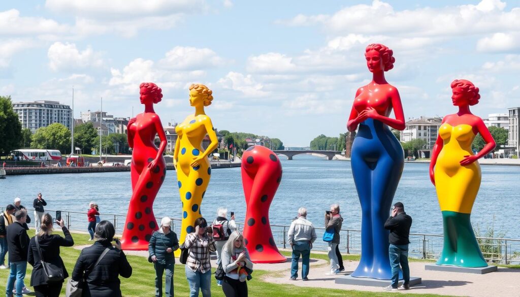 The colorful Nanas sculptures by Niki de Saint Phalle along the Leine River in Hannover The colorful Nanas sculptures by Niki de Saint Phalle along the Leine River in Hannover