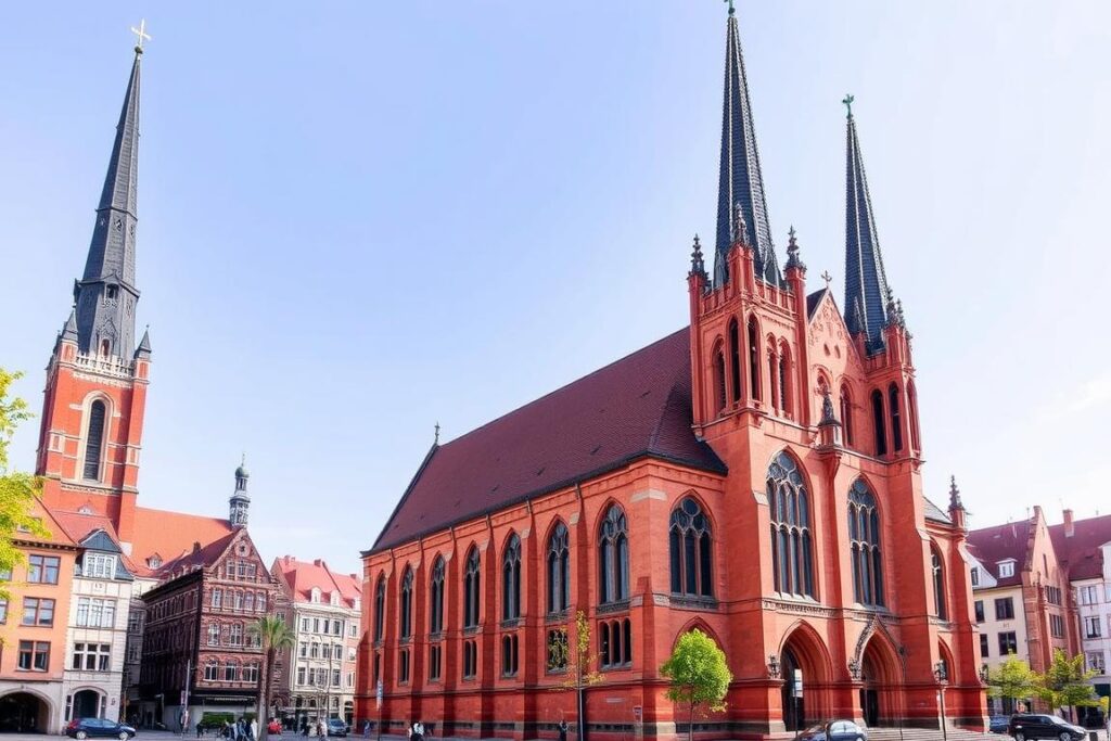 The historic Marktkirche in Hannover's Old Town with its distinctive brick Gothic architecture The historic Marktkirche in Hannover's Old Town with its distinctive brick Gothic architecture