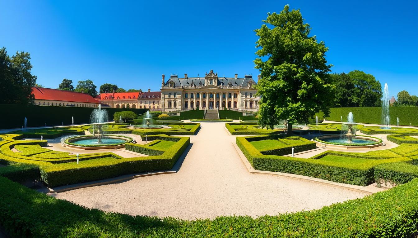 The magnificent Herrenhäuser Gardens in Hannover with baroque fountains and perfectly manicured hedges