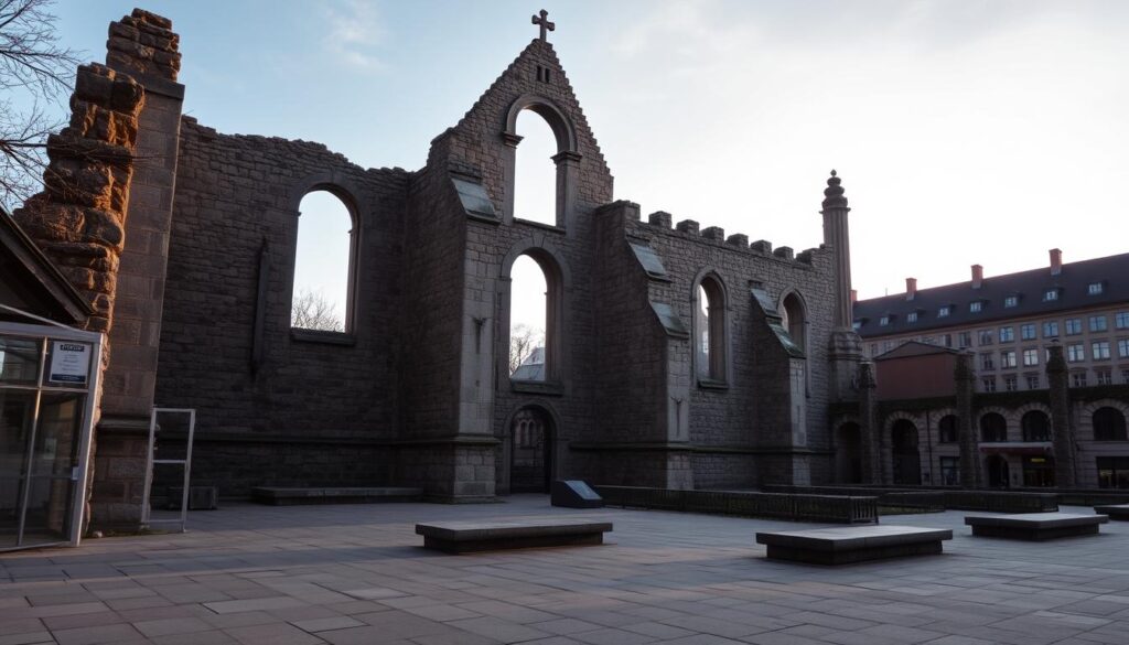 The ruins of Aegidienkirche standing as a war memorial in Hannover's city center The ruins of Aegidienkirche standing as a war memorial in Hannover's city center