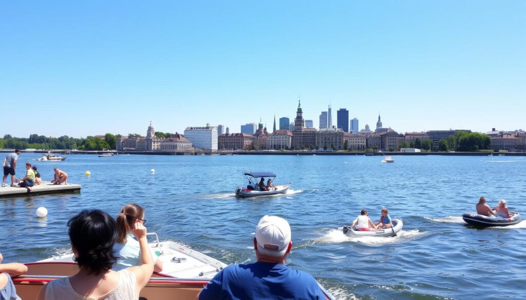 Visitors enjoying a boat tour on Maschsee Lake with Hannover skyline in the background Visitors enjoying a boat tour on Maschsee Lake with Hannover skyline in the background